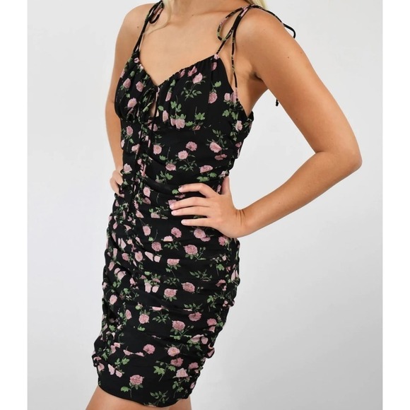 Cotton Candy LA NWT Midnight Roses Ruched Spaghetti Strap Mini Dress Black Sz M - Picture 1 of 10